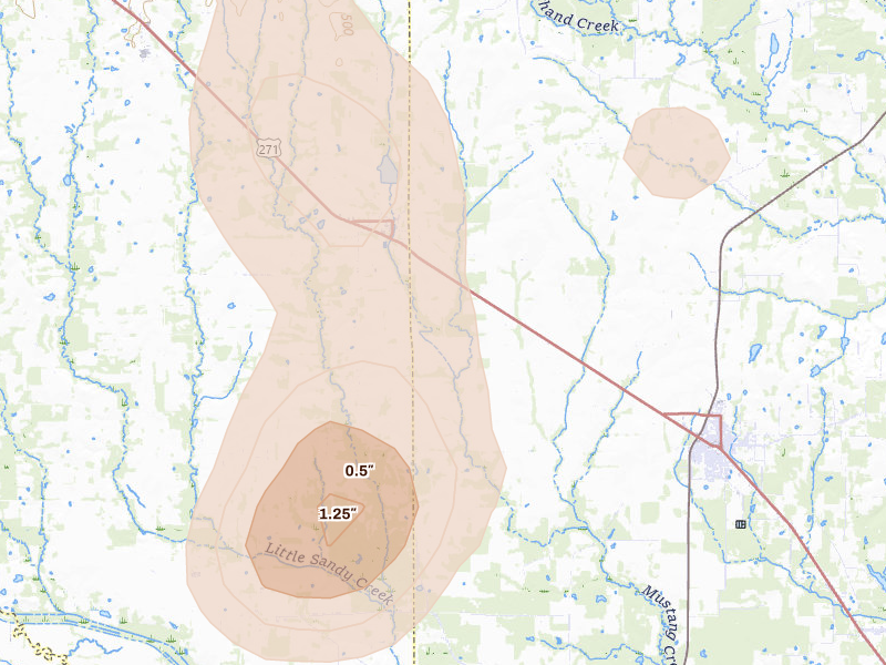 Radar-estimated hail-size map of the storm over Deport, TX on May 22, 2026