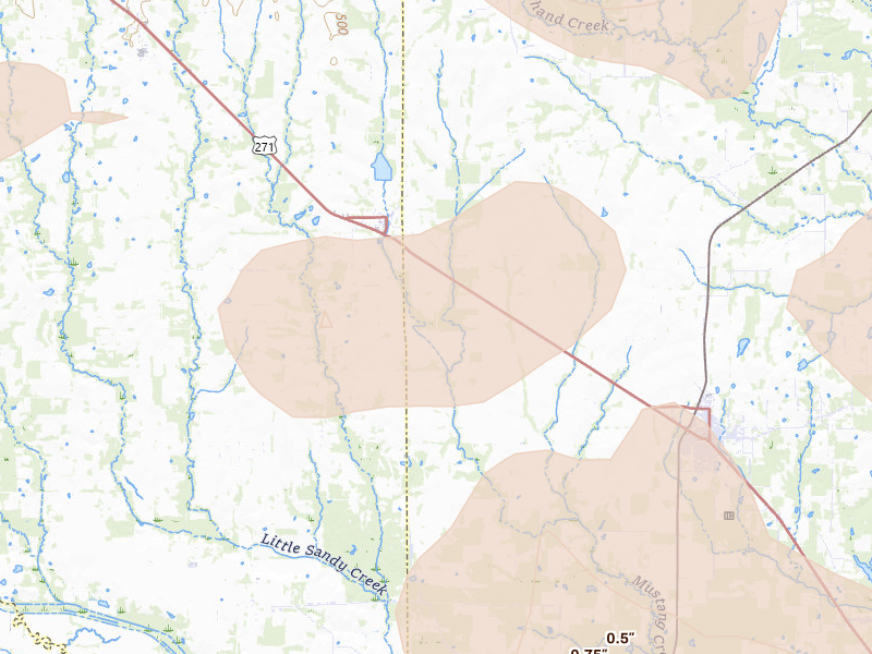 Radar-estimated hail-size map of the storm over Deport, TX on Jun 23, 2026