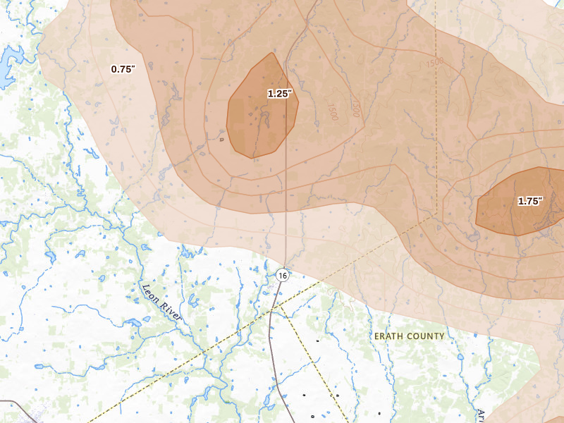 Radar-estimated hail-size map of the storm over Desdemona, TX on May 10, 2026