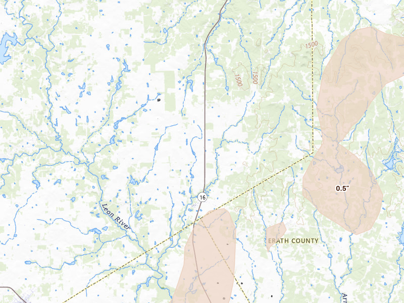 Radar-estimated hail-size map of the storm over Desdemona, TX on May 19, 2026