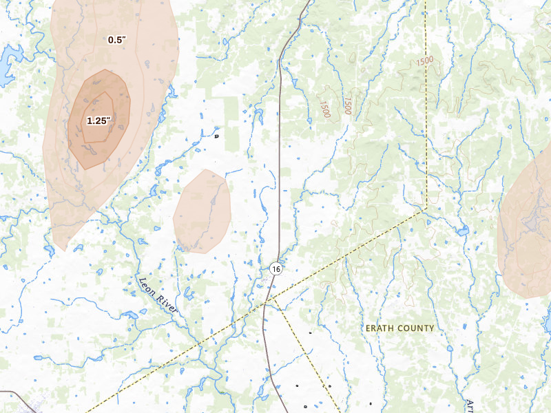 Radar-estimated hail-size map of the storm over Desdemona, TX on May 24, 2026