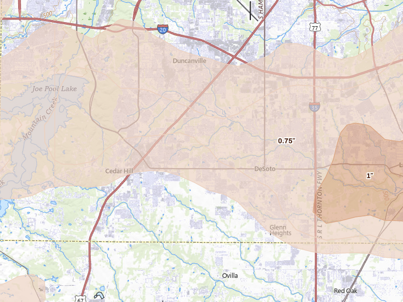 Radar-estimated hail-size map of the storm over Desoto, TX on Mar 4, 2026