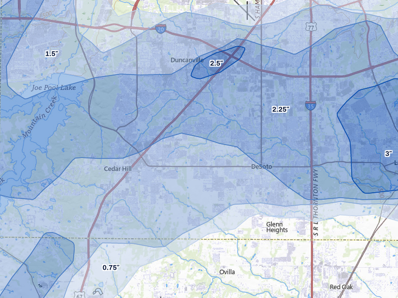 NEXRAD radar-signature map of the hail storm over Desoto, TX on Mar 4, 2026