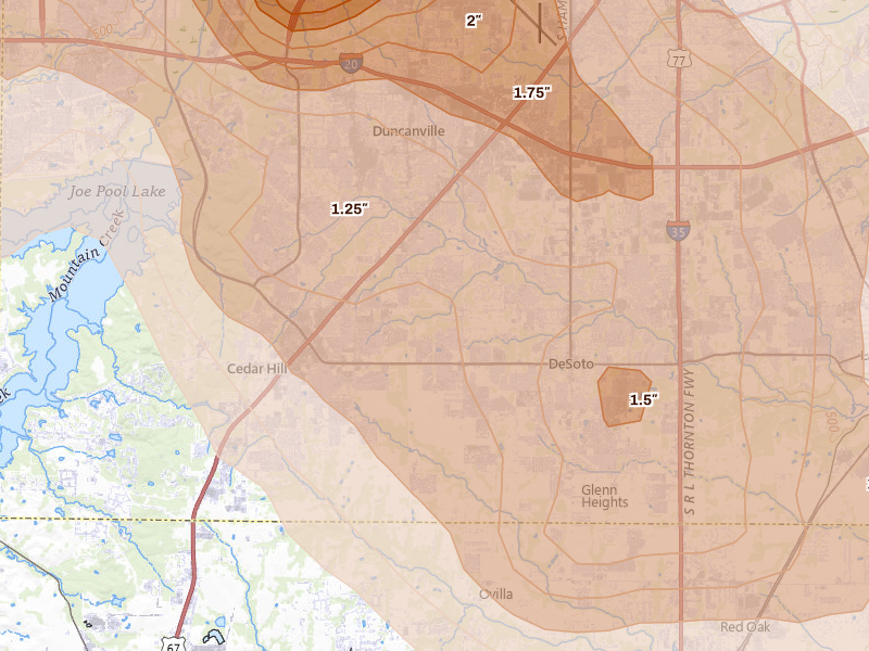 Radar-estimated hail-size map of the storm over Desoto, TX on Apr 25, 2026