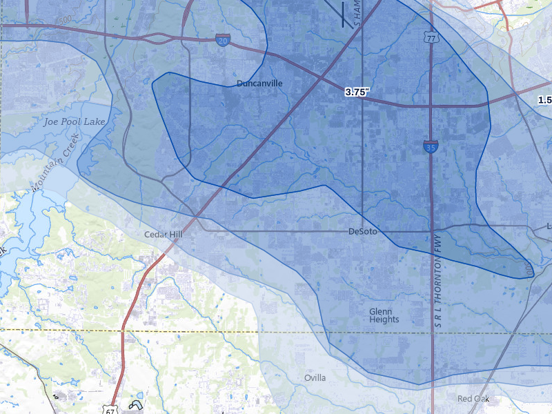 NEXRAD radar-signature map of the hail over Desoto, TX