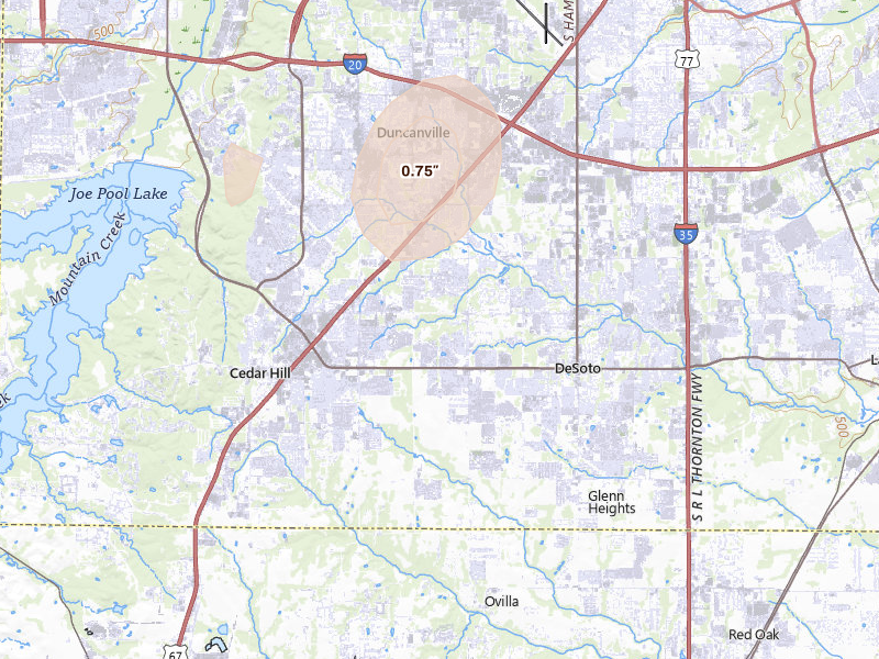Radar-estimated hail-size map of the storm over Desoto, TX on May 24, 2026