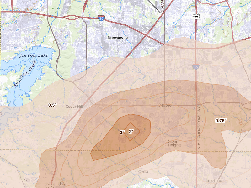 Radar-estimated hail-size map of the storm over Desoto, TX on Jun 6, 2026