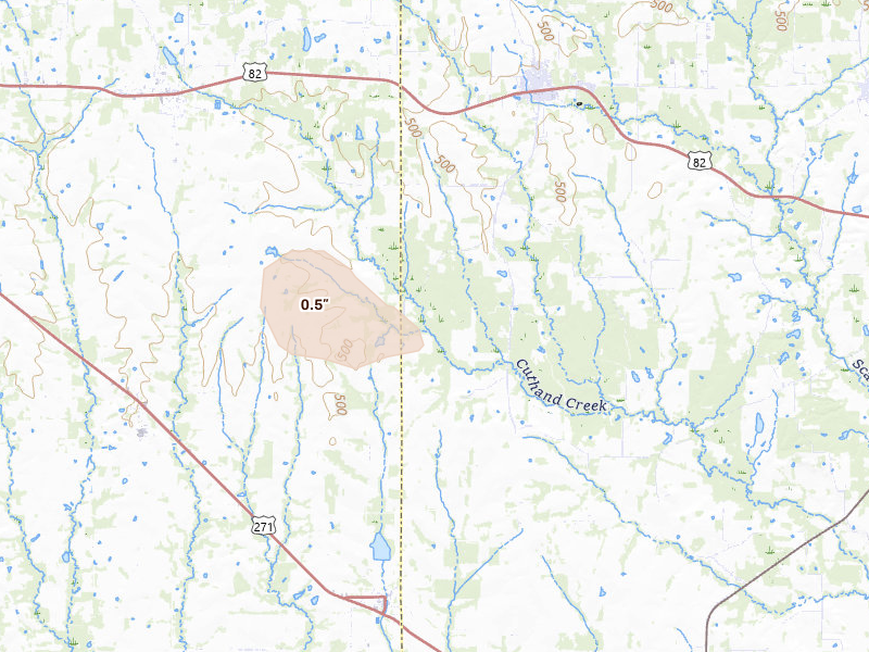 Radar-estimated hail-size map of the storm over Detroit, TX on Jul 6, 2026