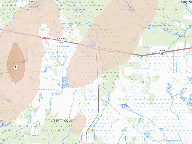 Radar-estimated hail-size map of the storm over Devers, TX on Jul 22, 2026