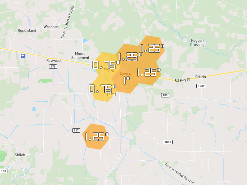 Hail map of Devers, TX on Jul 22, 2026, hail up to 1.25"
