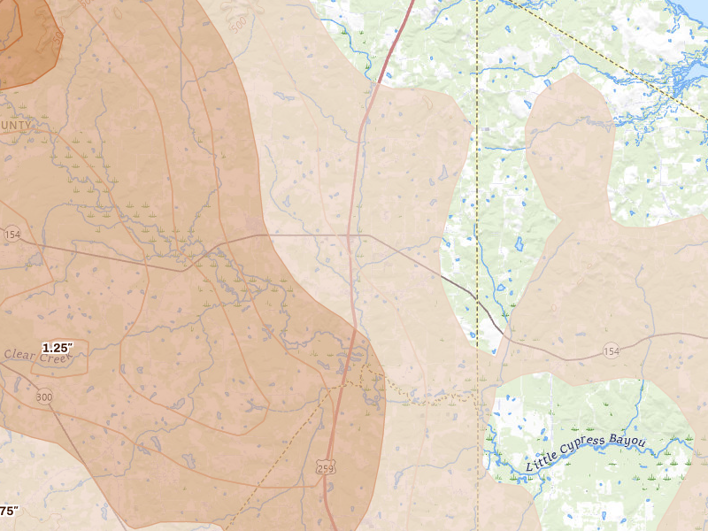 Radar-estimated hail-size map of the storm over Diana, TX on Apr 24, 2026