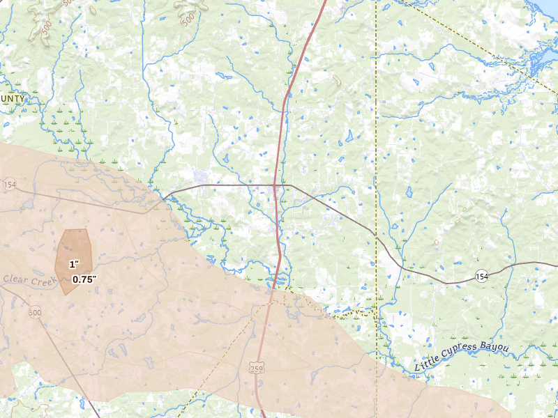 Radar-estimated hail-size map of the storm over Diana, TX on Apr 29, 2026