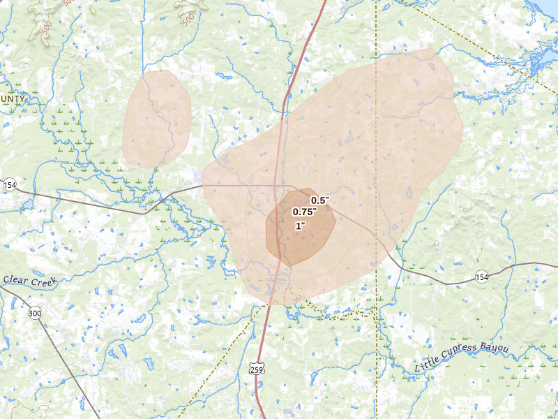 Radar-estimated hail-size map of the storm over Diana, TX on Jul 6, 2026