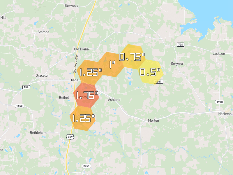 Hail map of Diana, TX on Jul 6, 2026, hail up to 1.75"