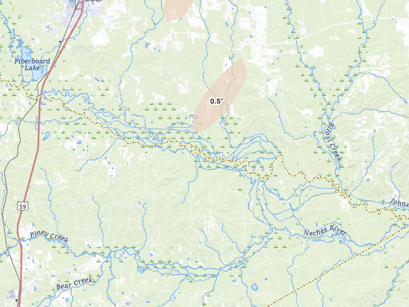 Radar-estimated hail-size map of the storm over Diboll, TX on Mar 7, 2026