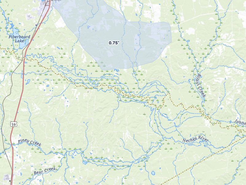 NEXRAD radar-signature map of the hail storm over Diboll, TX on Mar 7, 2026