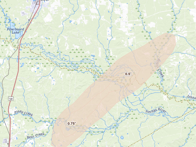Radar-estimated hail-size map of the storm over Diboll, TX on Mar 10, 2026