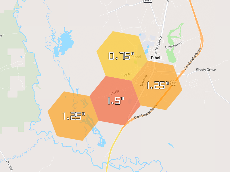 Hail map of Diboll, TX on Jul 12, 2026, hail up to 1.5"