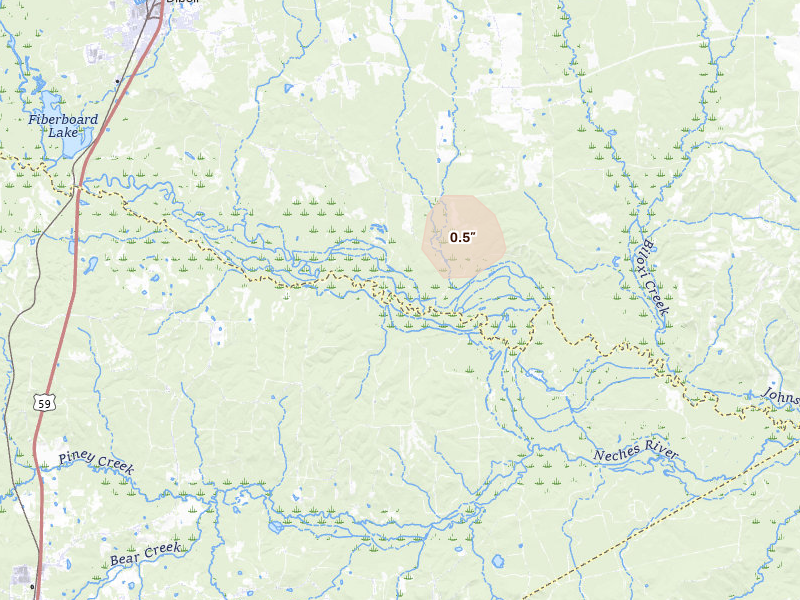 Radar-estimated hail-size map of the storm over Diboll, TX on Aug 22, 2026