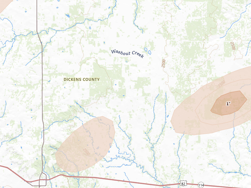 Radar-estimated hail-size map of the storm over Dickens, TX on May 10, 2026