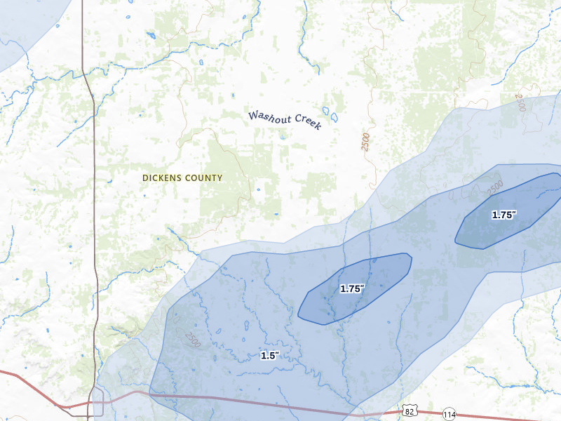 NEXRAD radar-signature map of the hail storm over Dickens, TX on May 10, 2026