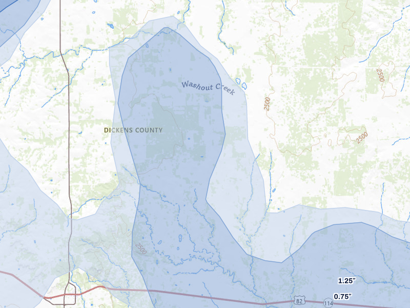 NEXRAD radar-signature map of the hail storm over Dickens, TX on Jul 5, 2026