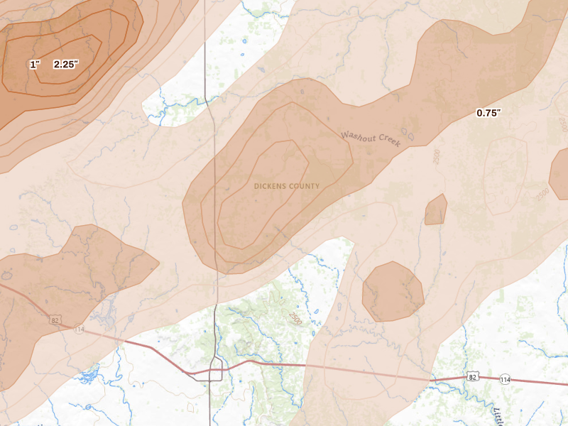 Radar-estimated hail-size map of the storm over Dickens, TX