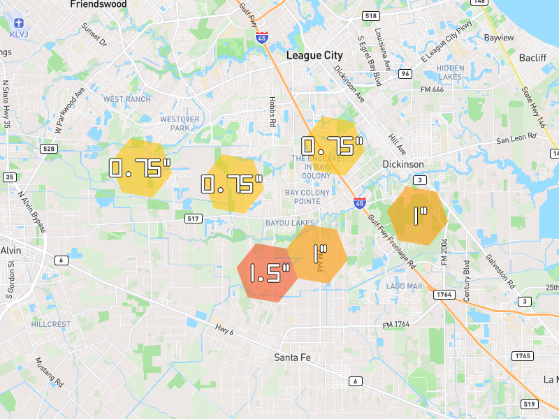 Hail map of Dickinson, TX on Jul 23, 2026, hail up to 1.5"