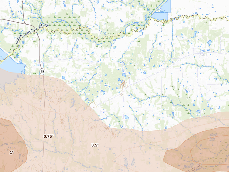 Radar-estimated hail-size map of the storm over Dike, TX on Apr 27, 2026