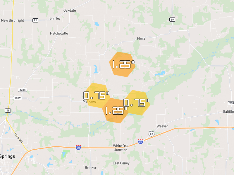 Hail map of Dike, TX on Jul 7, 2026, hail up to 1.25"