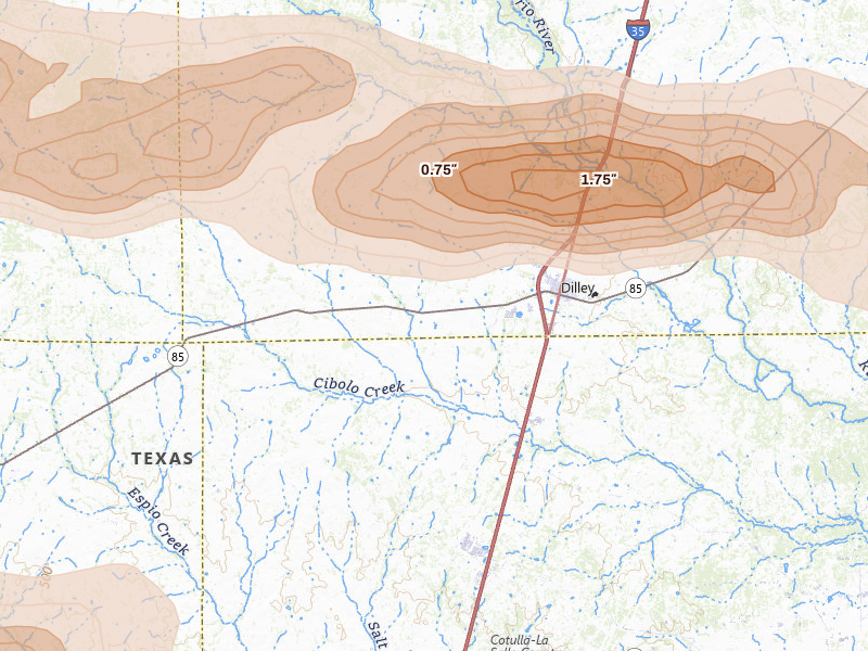Radar-estimated hail-size map of the storm over Dilley, TX on Apr 30, 2026