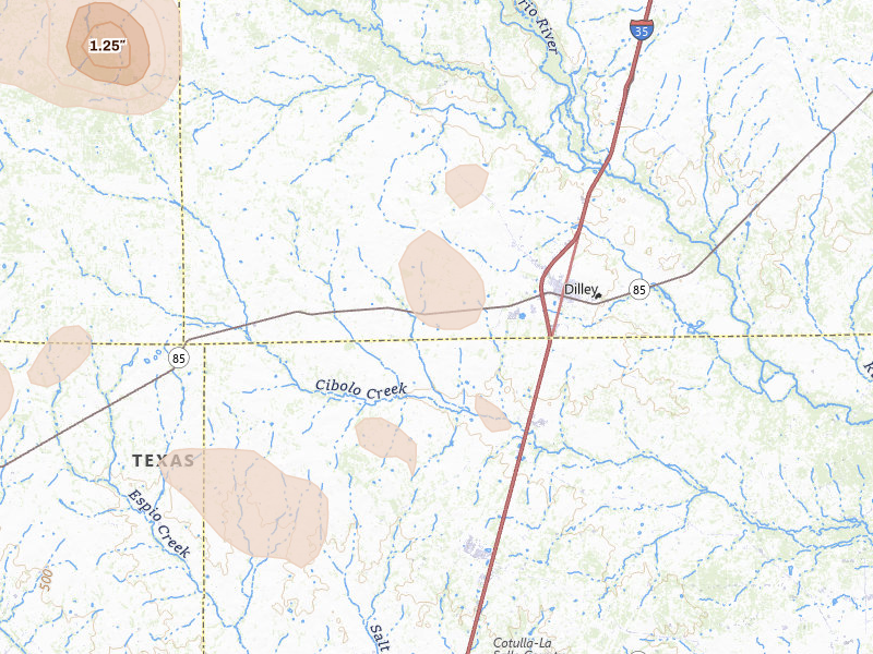 Radar-estimated hail-size map of the storm over Dilley, TX on May 10, 2026