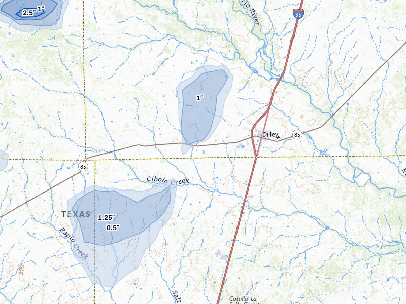 NEXRAD radar-signature map of the hail storm over Dilley, TX on May 10, 2026