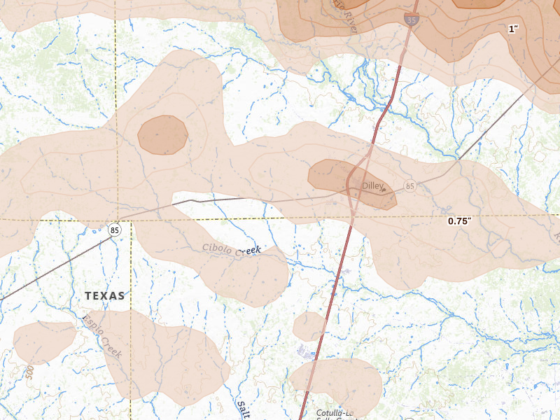 Radar-estimated hail-size map of the storm over Dilley, TX on May 26, 2026