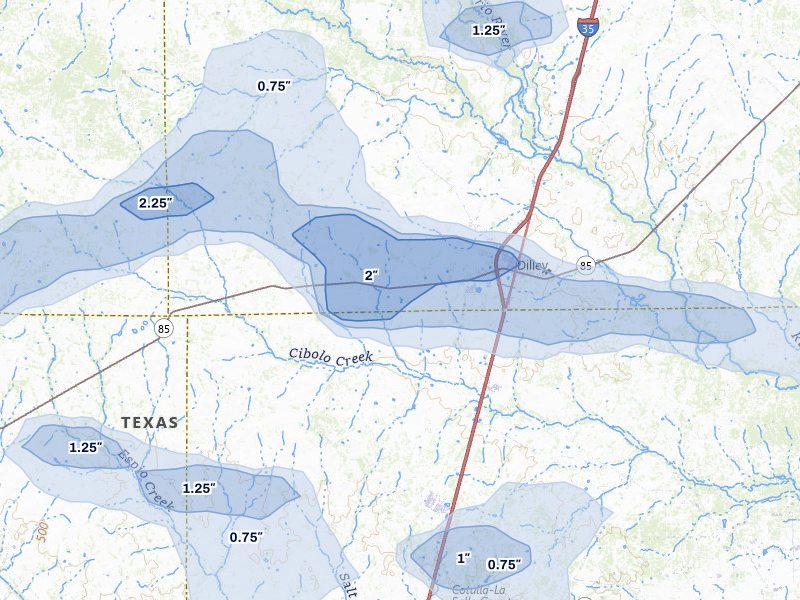 NEXRAD radar-signature map of the hail over Dilley, TX