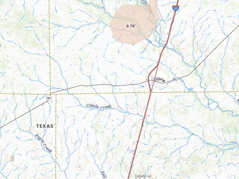 Radar-estimated hail-size map of the storm over Dilley, TX on Jun 6, 2026