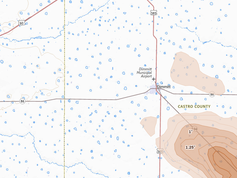 Radar-estimated hail-size map of the storm over Dimmitt, TX on Jun 23, 2026