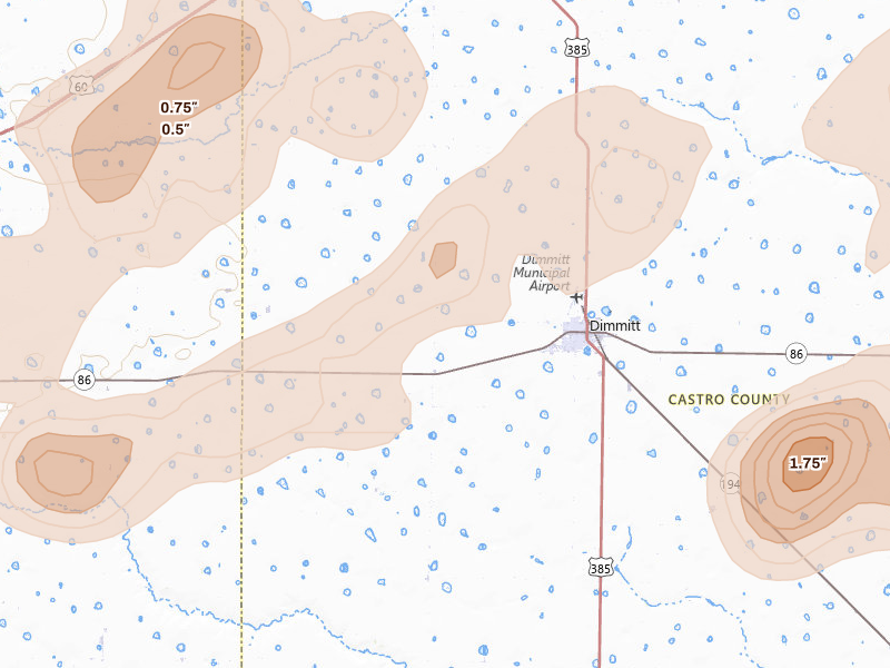Radar-estimated hail-size map of the storm over Dimmitt, TX on Jun 24, 2026