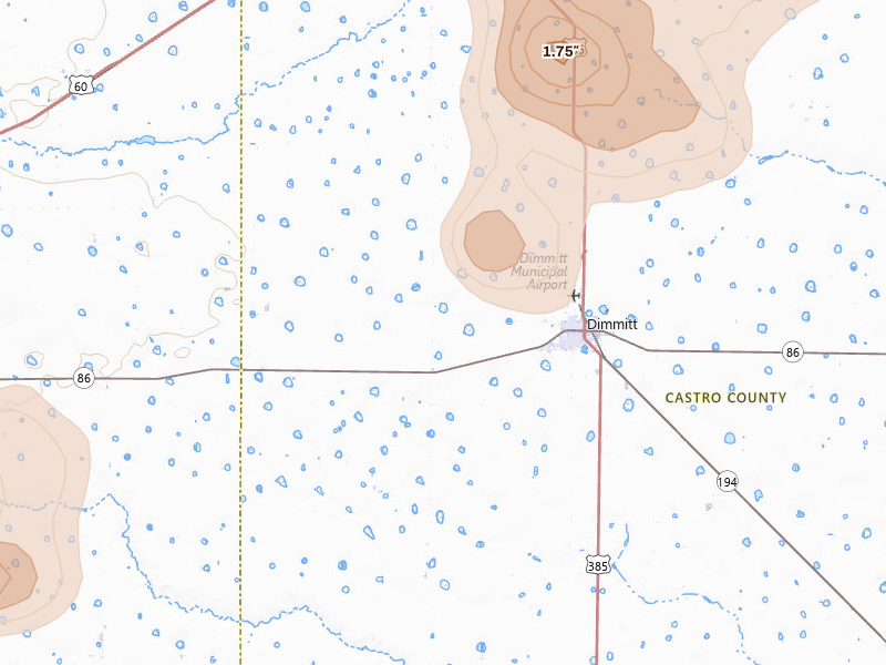 Radar-estimated hail-size map of the storm over Dimmitt, TX on Jul 4, 2026