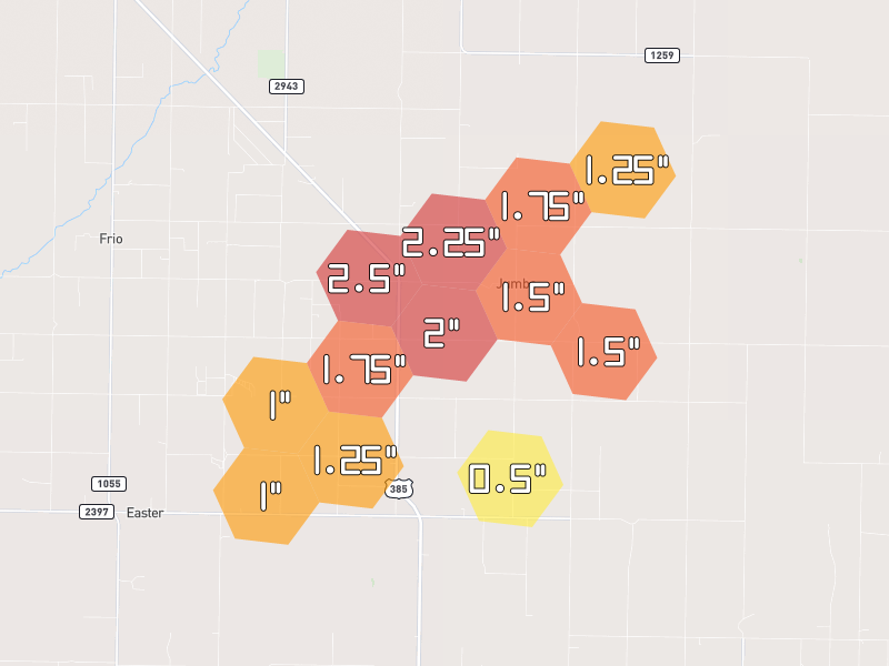 Hail map of Dimmitt, TX on Jul 4, 2026, hail up to 2.5"