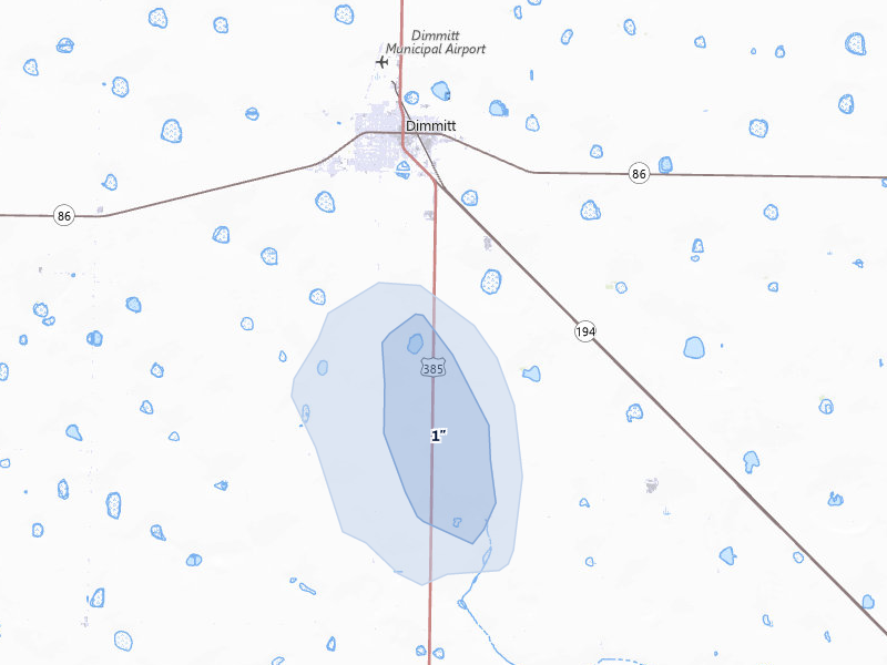 NEXRAD radar-signature map of the hail storm over Dimmitt, TX on Jul 31, 2026
