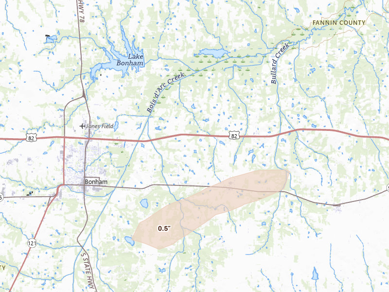 Radar-estimated hail-size map of the storm over Dodd City, TX on Apr 27, 2026