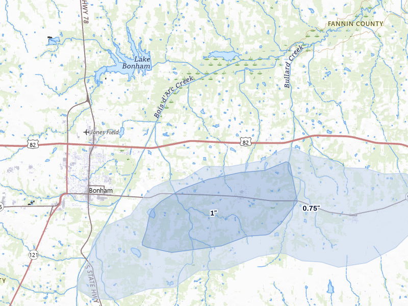 NEXRAD radar-signature map of the hail over Dodd City, TX