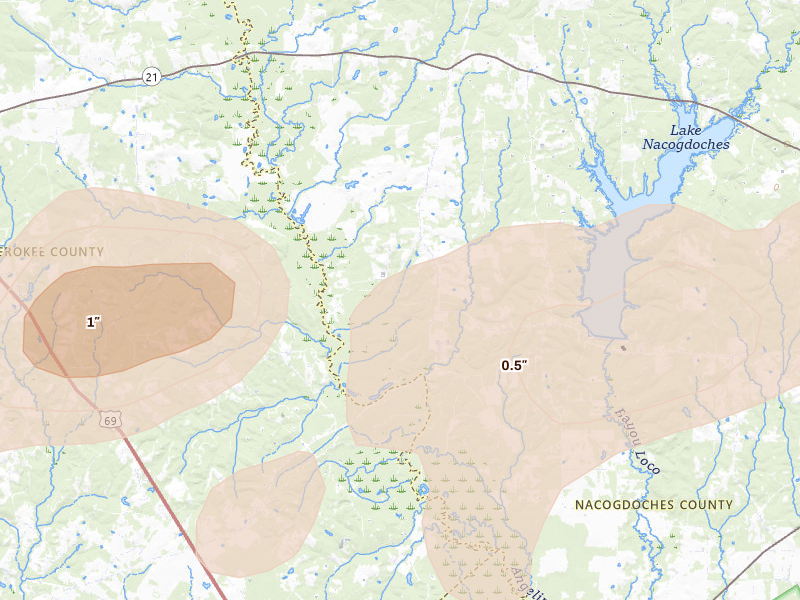 Radar-estimated hail-size map of the storm over Douglass, TX on Jun 2, 2026