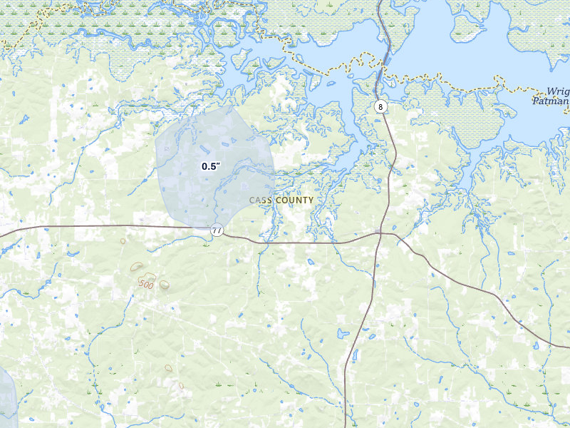 NEXRAD radar-signature map of the hail storm over Douglassville, TX on Mar 6, 2026
