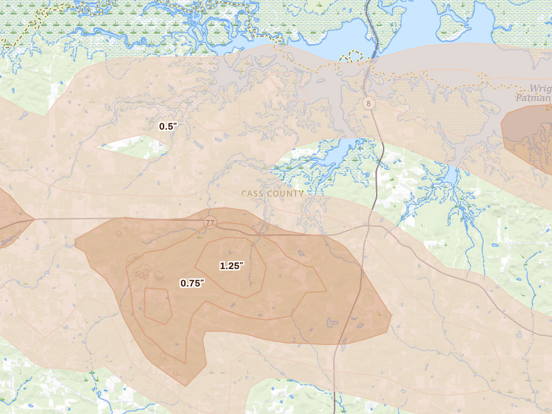 Radar-estimated hail-size map of the storm over Douglassville, TX on Apr 29, 2026