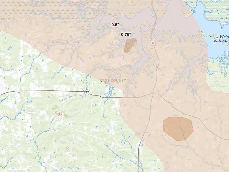 Radar-estimated hail-size map of the storm over Douglassville, TX on Jun 22, 2026