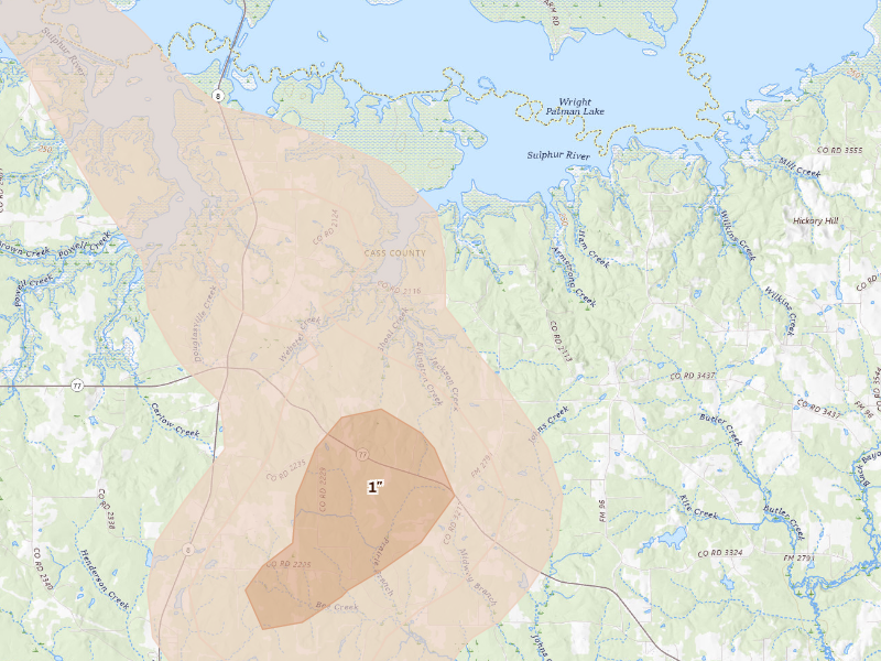 Radar-estimated hail-size map of the storm over Douglassville, TX