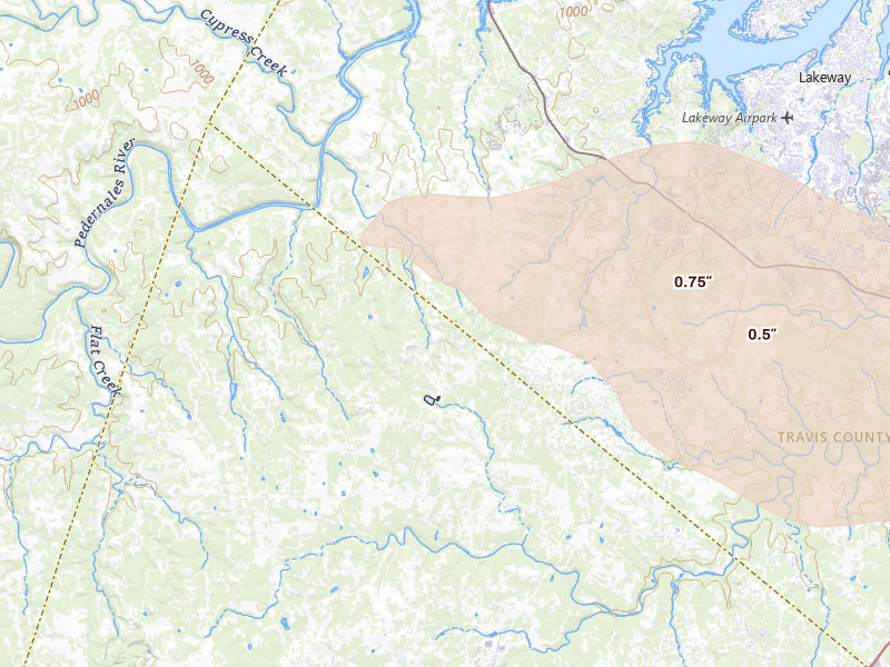 Radar-estimated hail-size map of the storm over Dripping Springs, TX on Apr 30, 2026