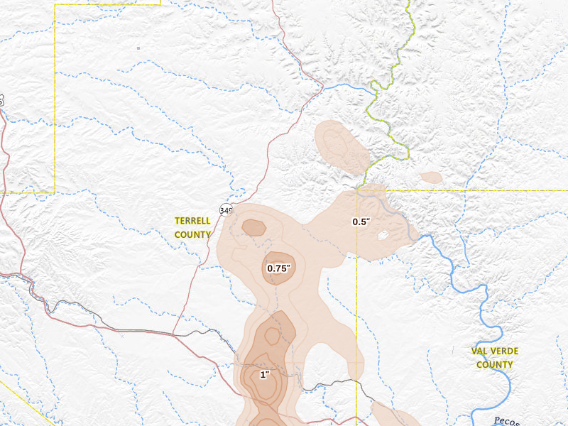 Radar-estimated hail-size map of the storm over Dryden, TX on May 10, 2026